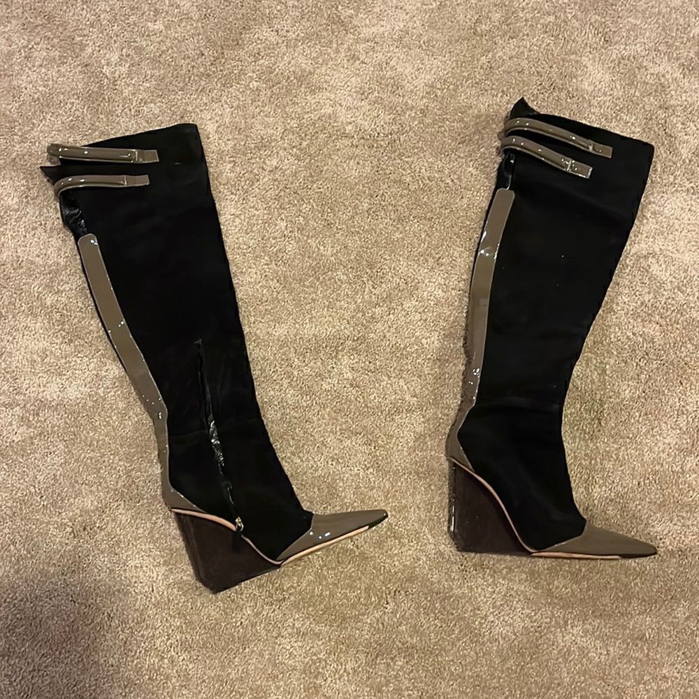 Pollini black suede thigh high boots with plexiglass heel and leather trim 40
